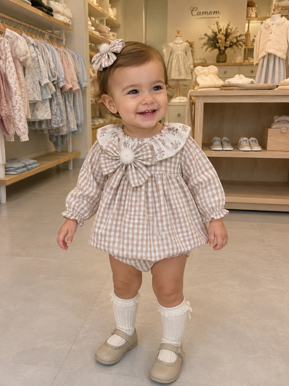 Vestido y Cubrepañal Beige Bebe Niña
